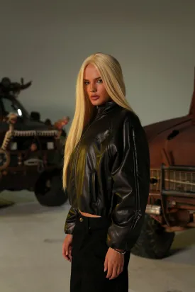Chopper Sofia Faux Leather Bomber Jacket in Black