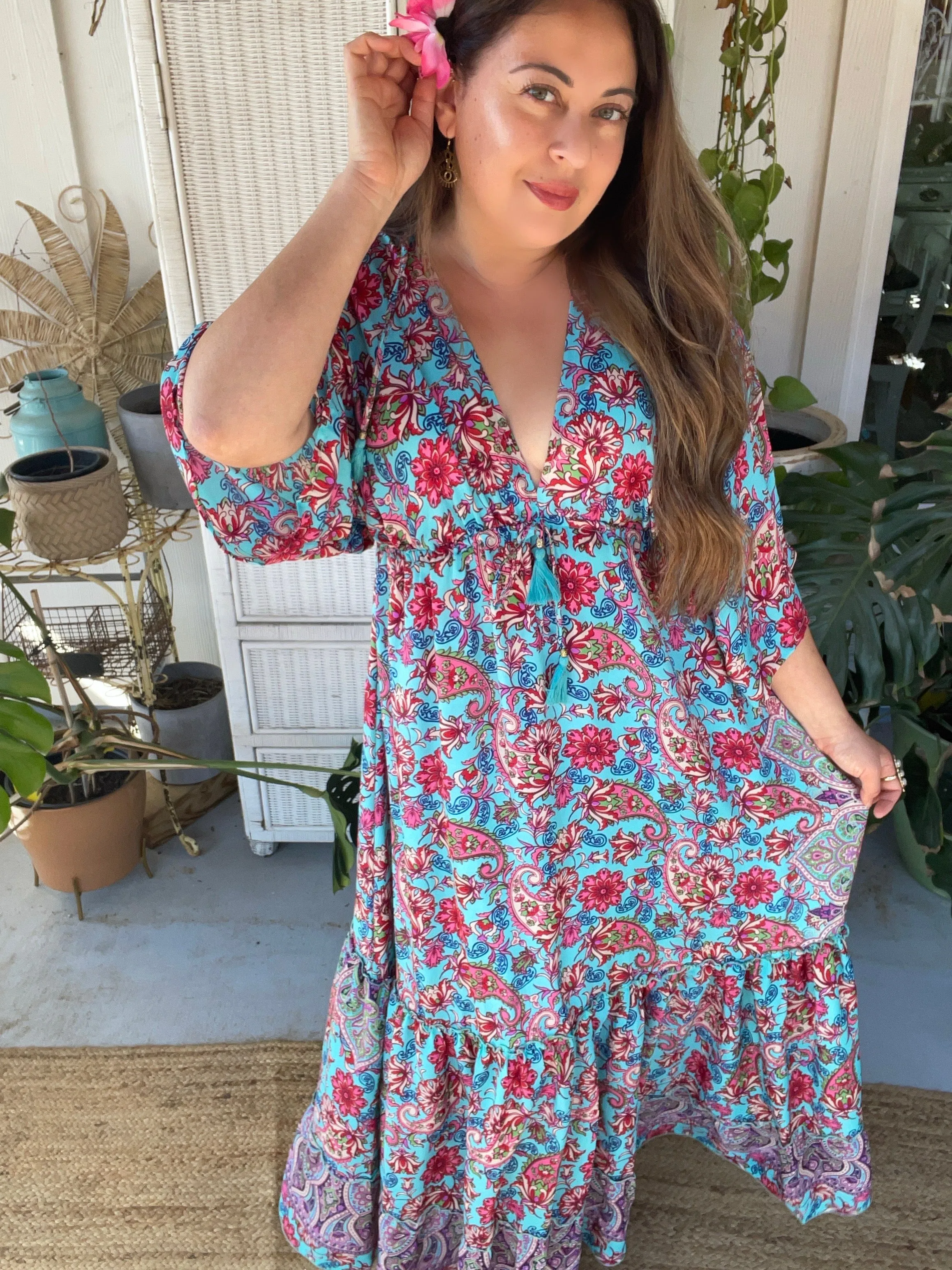 Double V-Neck Boho Maxi dress (blue n red)