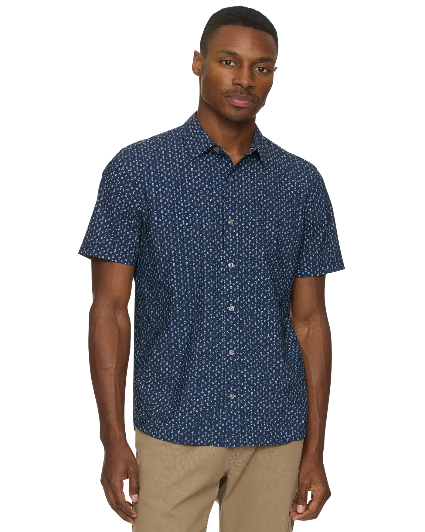 Flag and Anthem Journey SS Stretch Shirt - Navy Leaf Print