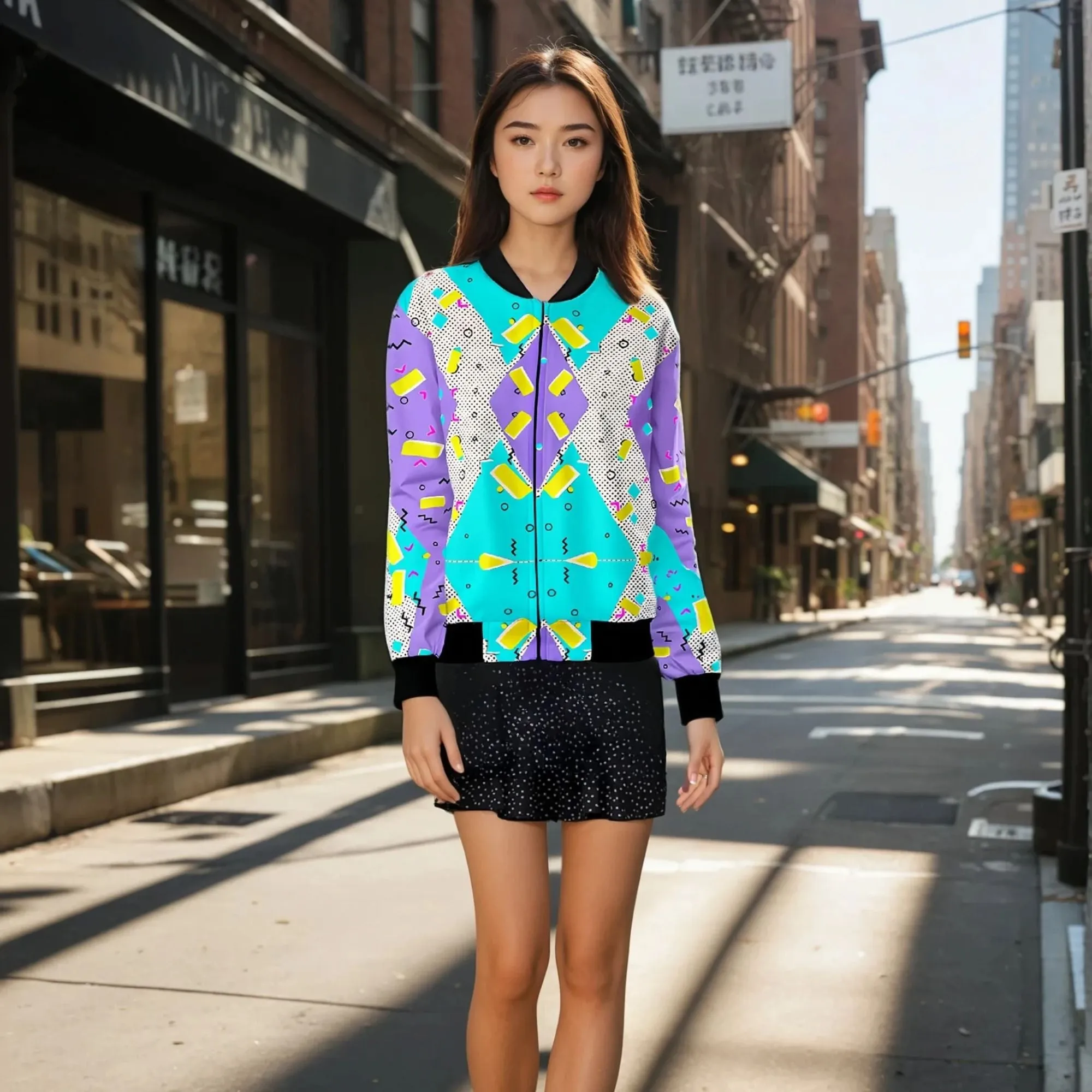 Funky 90s Geometric Pattern Bomber Jacket