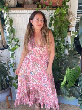Halter Maxi Silk Dress (ivory pink )