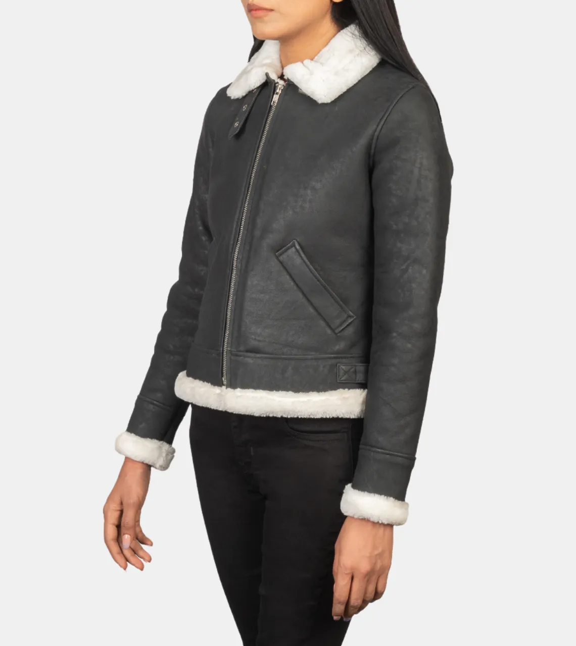 Maisiel Women's Grey Bomber Shearling Leather Jacket