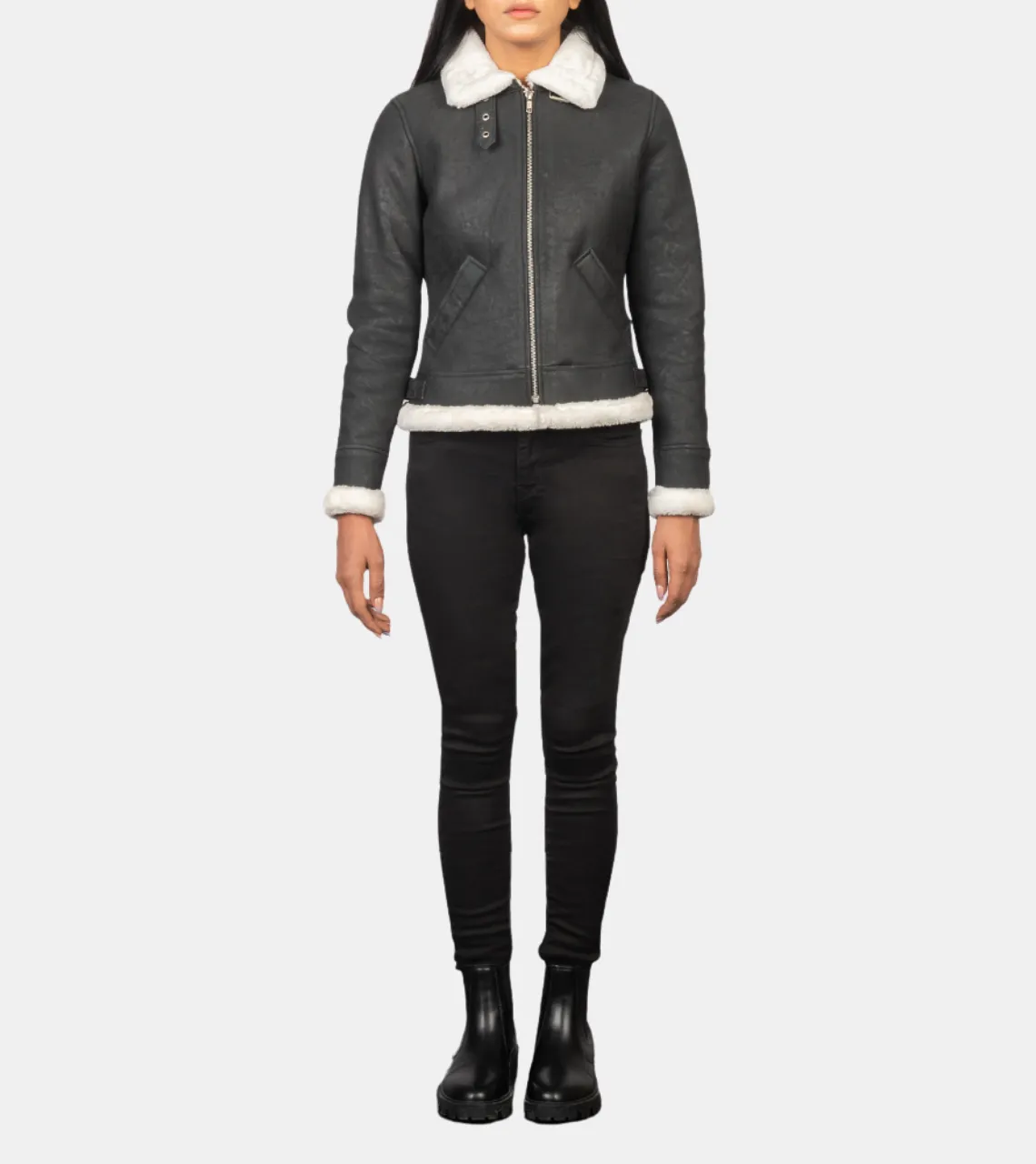 Maisiel Women's Grey Bomber Shearling Leather Jacket