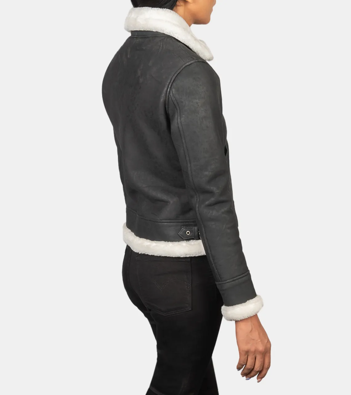 Maisiel Women's Grey Bomber Shearling Leather Jacket