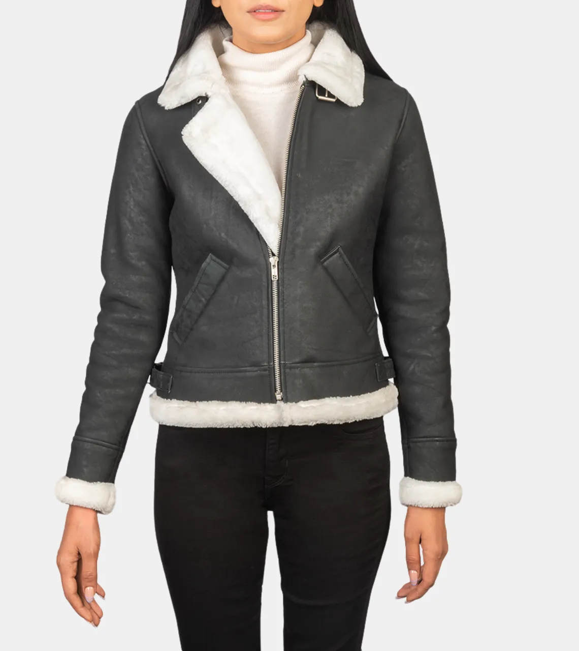Maisiel Women's Grey Bomber Shearling Leather Jacket